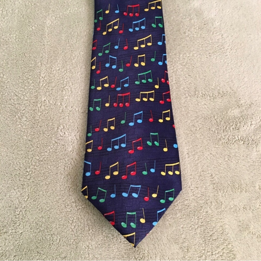 Addiction necktie music notes rainbow variety navy blue pastel novelty polyester